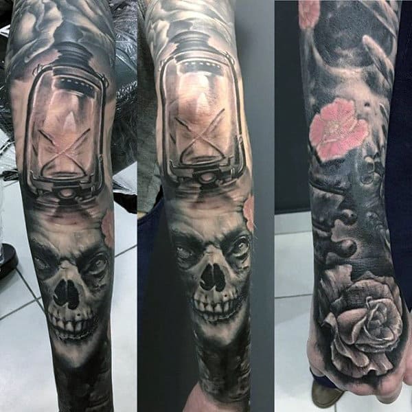 Male Full Sleeves Lantern And Skull Tattoo Black And White
