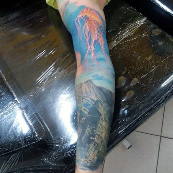 Male Full Sleeves Lightening Realism Tattoo