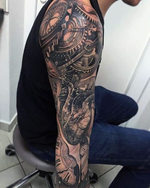 Male Full Sleeves Mechanical Gear Tattoo