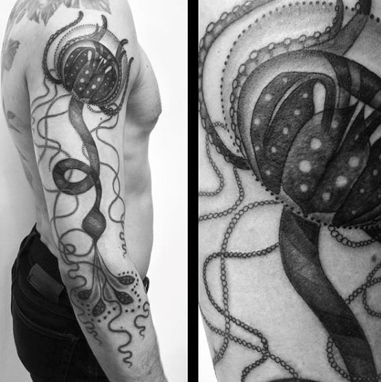 Male Full Sleeves Monochrome Jellyfish Tattoo