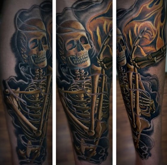 Male Full Sleeves Skull And Fire Manly Tattoo