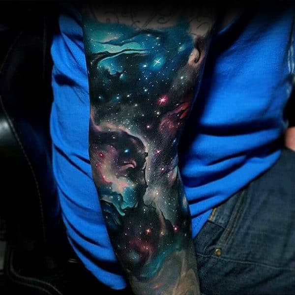 Male Full Sleeves Sparkling Astronomy Tattoo