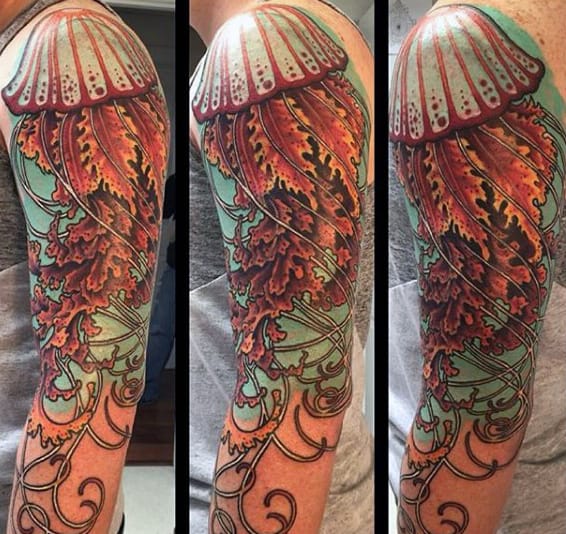 Male Full Sleeves Spectacular Jellyfish Tattoo