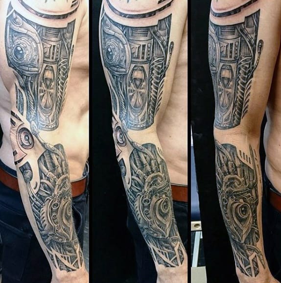 Male Full Sleeves Tattoo Grey Steampunk With Hourglass