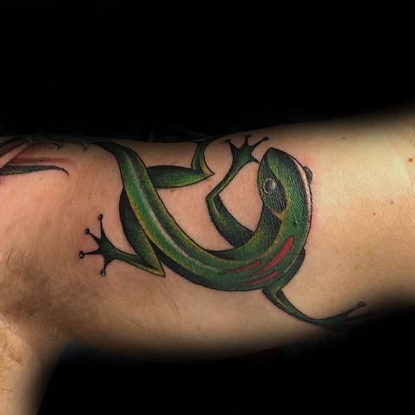 Stylized green gecko tattoo with red accents and black outline, placed on the inner arm in a bold, modern design.
