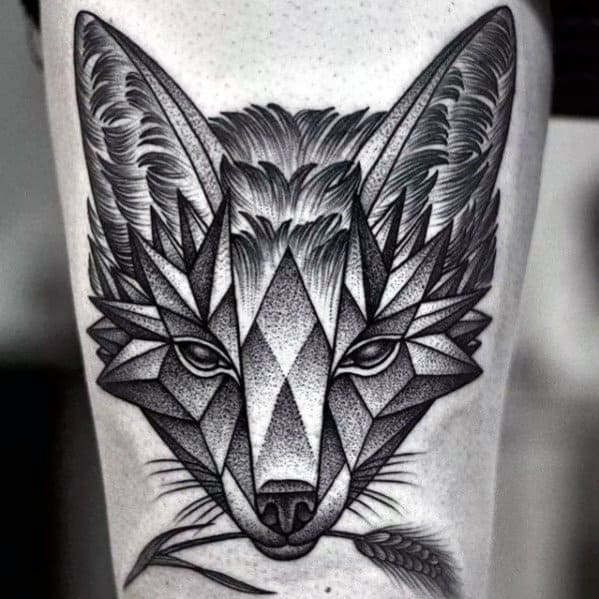 Geometric fox tattoo with sharp angular patterns, intricate dotwork shading, and realistic fur detailing, holding a wheat stalk in its mouth.