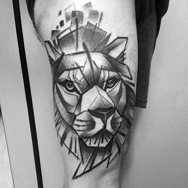 Geometric lion tattoo on the thigh with intense eyes, abstract shading, and sharp angular lines for a bold and modern warrior look.