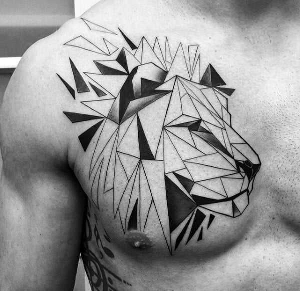 Geometric lion head tattoo on the chest with sharp triangular shapes and bold black sections, creating a striking and modern design.