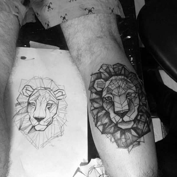 Male Geometric Leg Calf Lion Tattoo Design Inspiration