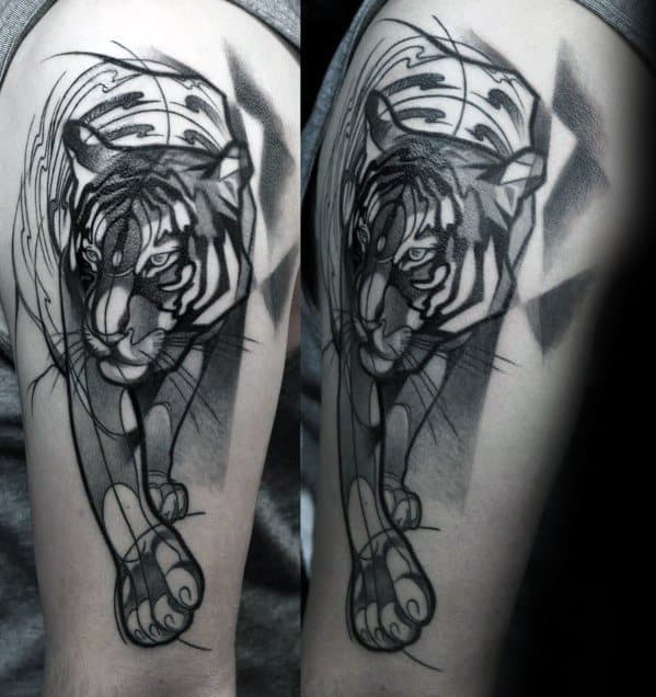 Dynamic tiger tattoo on upper arm with a blend of realism and abstract geometric lines, creating a sense of motion and depth.