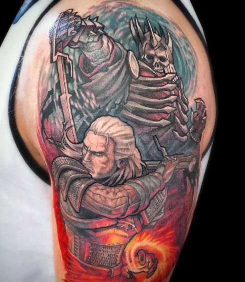 Geralt tattoo in an action scene, wielding a sword against a menacing armored foe, with a fiery magical aura and dynamic battle details.