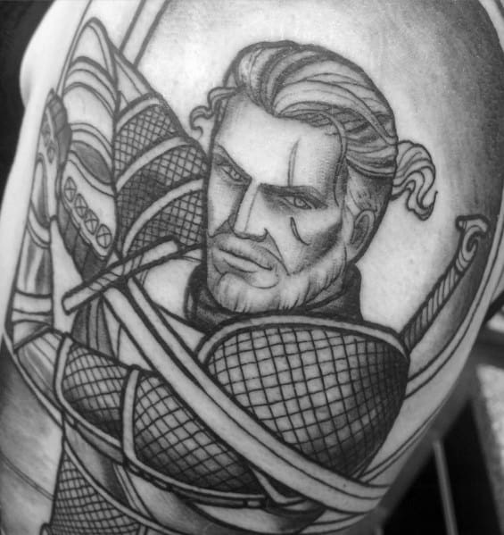 Geralt tattoo in black and gray linework, featuring his signature scars, intense gaze, and detailed armor with crossed swords on his back.