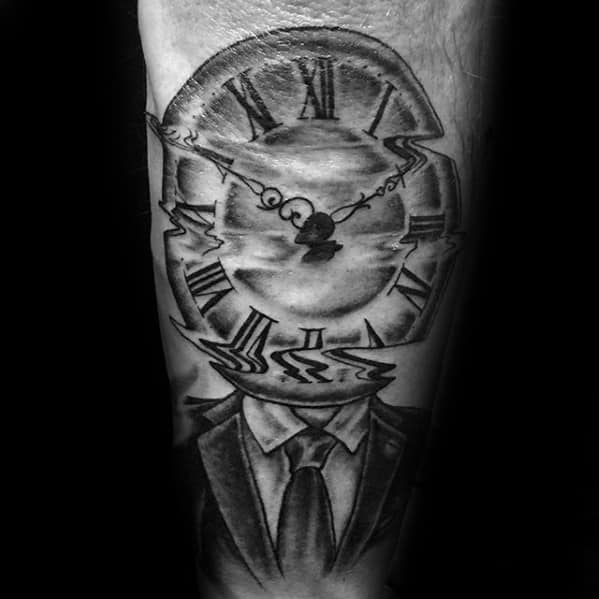 Glitch tattoo of a suited figure with a distorted clock for a head, featuring Roman numerals and warped time hands in a surreal design