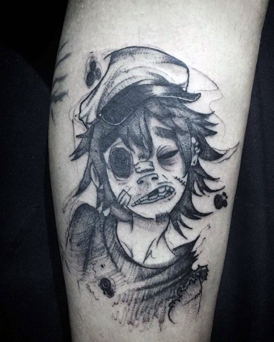 Black and grey tattoo of 2D from Gorillaz with a distressed expression, torn shirt, and sketchy shading for a raw, grunge aesthetic.