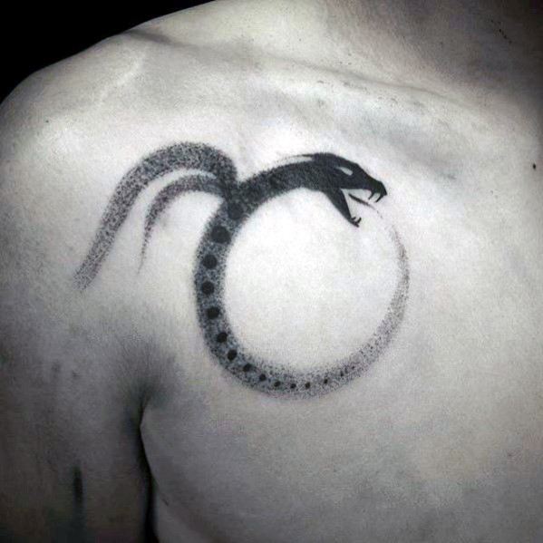 Black and grey gradient tattoo of a serpent forming a circular shape with dotwork texture, placed on the upper chest.