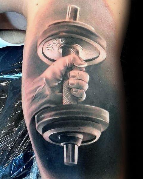 Male Great 3d Dumbell Weightlifting Tattoo Ideas On Inner Arm Bicep