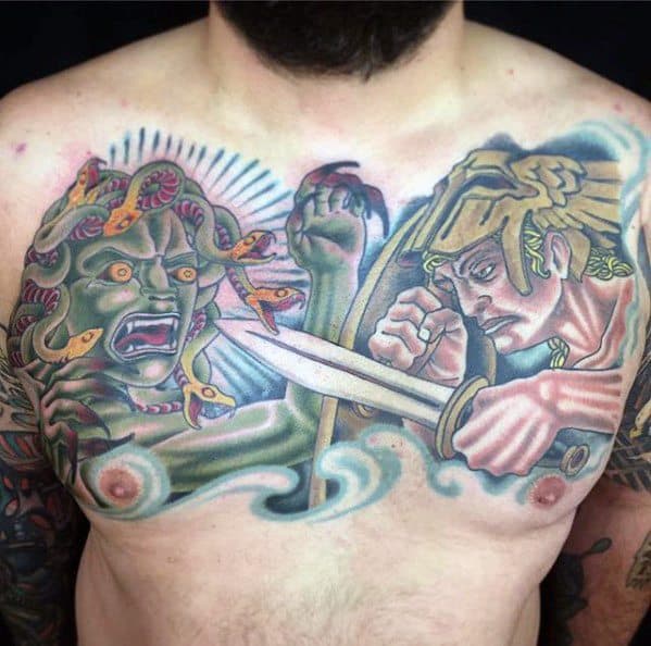 Male Greek Mythology Perseus Upper Chest Tattoo Ideas