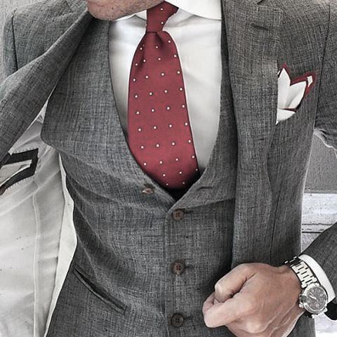 Male Grey Suit Red Dot Tie Clothing Styles