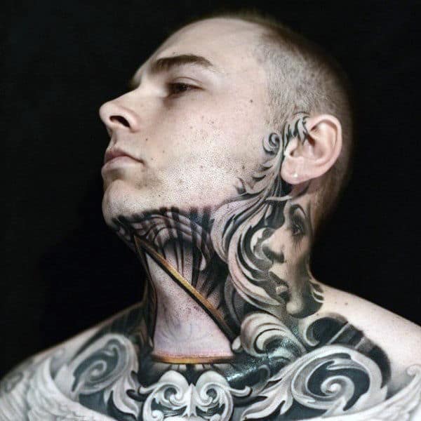 Throat tattoo featuring intricate black and gray ornamental designs, realistic portrait details, and a surreal illusion effect