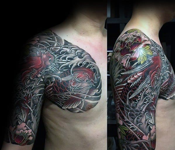 Male Half Sleeve And Chest Japanese Cover Up Tattoo Designs