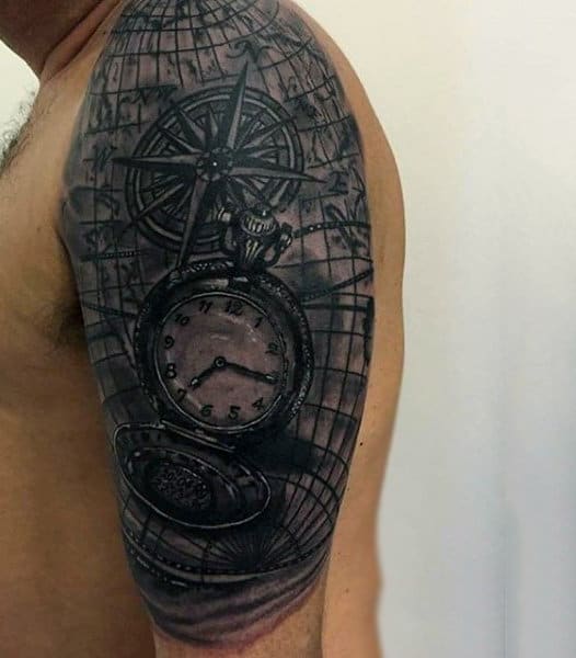 Male Half Sleeve Pocket Watch On Grid Tattoo