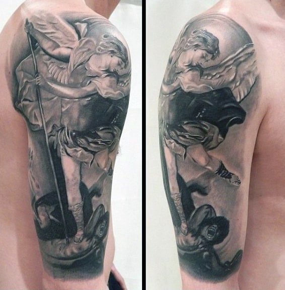 Male Half Sleeve Saint Micheal Tattoo