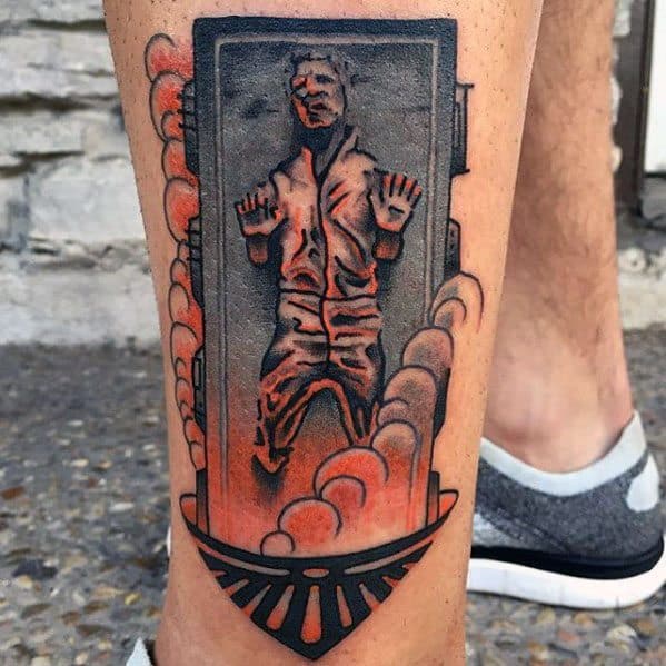 Male Han Solo Frozen Tattoo Design Inspiration On Lower Leg