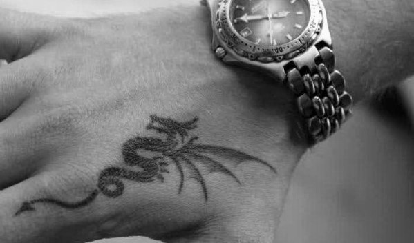 Male Hand Tattoo With Simple Dragon Design