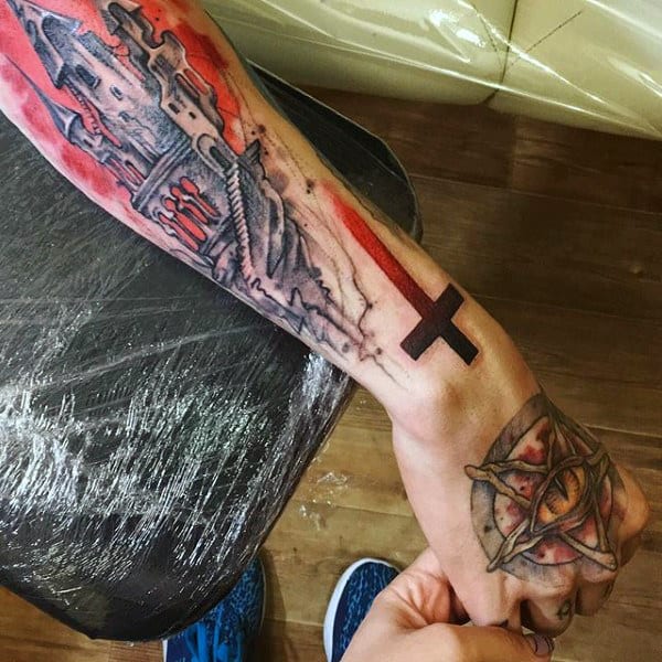 Male Hands Amber Eyed Pentagram Tattoo