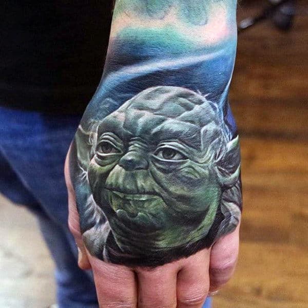 Male Hands Realistic Alien Face Tattoo