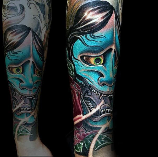Male Hannya Mask Forearm Sleeve Teal Ink Tattoo Designs