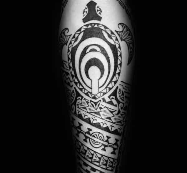 Male Hawaiian Arm Sleeve Tribal Tattoo With Turtle Deisgn