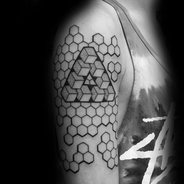 Male Hexagon Arm Black Ink Oultine Penrose Triangle Tattoo Design Inspiration