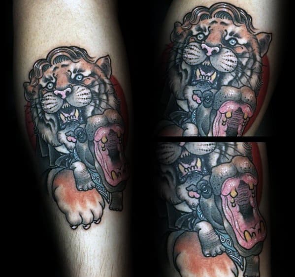Male Hippo With Tiger Forearm Tattoo Design Inspiration