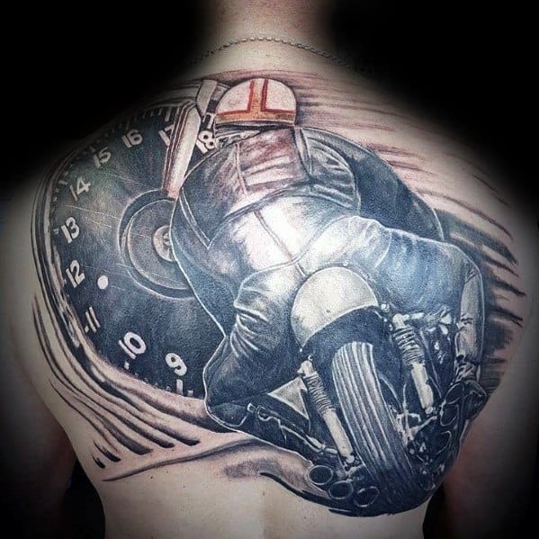 Realistic Honda motorcycle tattoo on a man's back, featuring a rider leaning into a turn with a speedometer background for a dynamic effect.