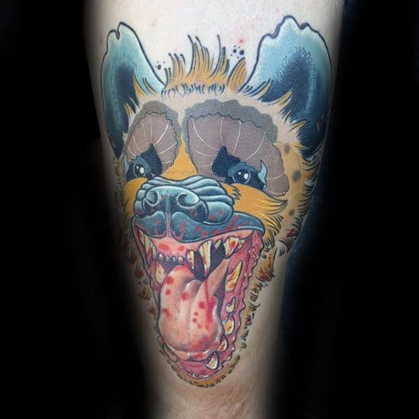 Bright and animated hyena tattoo with exaggerated features, vibrant blue and yellow tones, and a playful open-mouth expression with a spotted tongue.