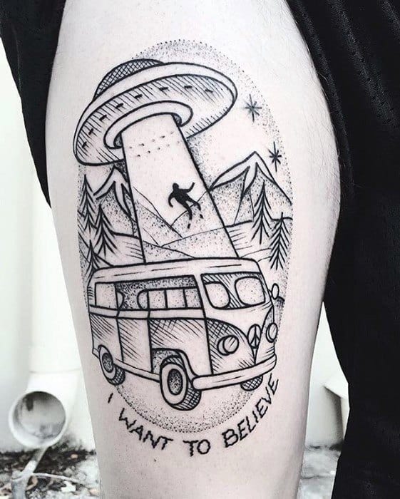 Male I Want To Believe Tattoo Design Inspiration Thigh