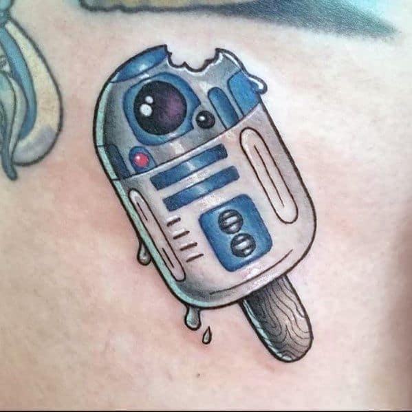 Tattoo of a melting popsicle designed to resemble a blue and white droid, featuring a bitten top and dripping details for a playful sci-fi look.