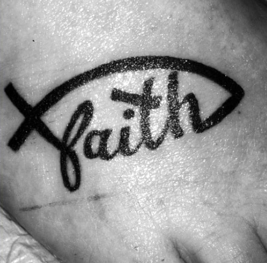 Male Ichthus Tattoo Ideas Faith Word Foot