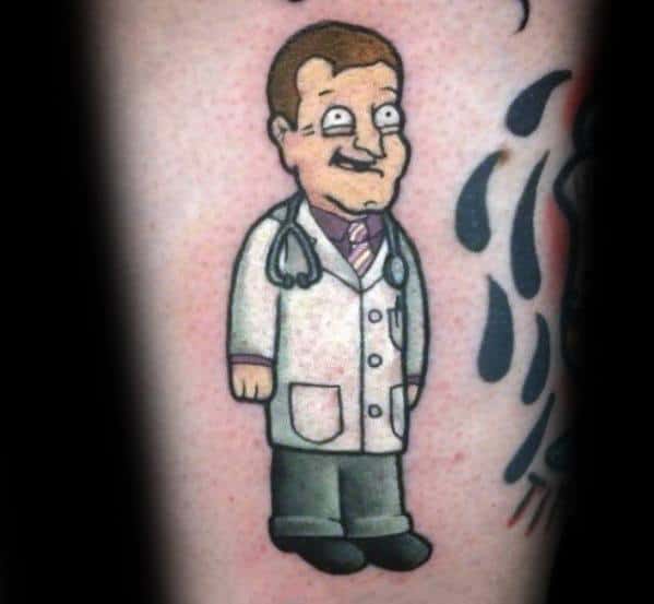 Tattoo of Dr. Elmer Hartman from Family Guy, wearing a white coat and stethoscope, with his signature clueless expression.