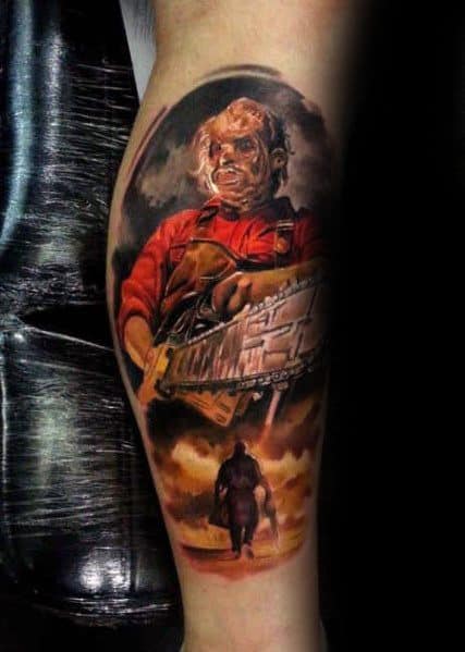 Realistic color tattoo of Leatherface from *The Texas Chainsaw Massacre*, featuring his grotesque mask, chainsaw, and a dark cinematic background.