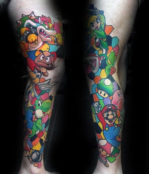 Full-leg *Super Mario* tattoo with a vibrant stained-glass effect, featuring Mario, Bowser, Yoshi, Kirby, and other iconic characters in bold colors.