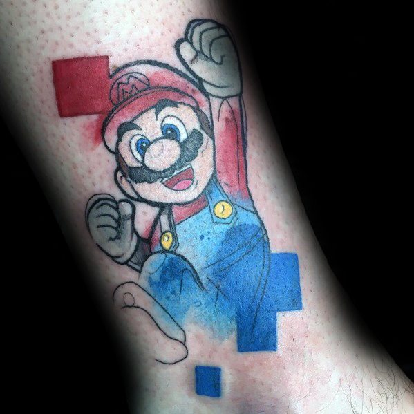 Minimalist *Super Mario* tattoo with a sketch-style design, featuring red and blue pixel elements for a retro gaming-inspired look.
