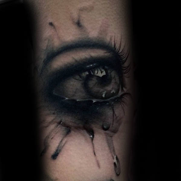 Male Inner Forearm Watercolor Crying Eye Realistic Tattoo Designs
