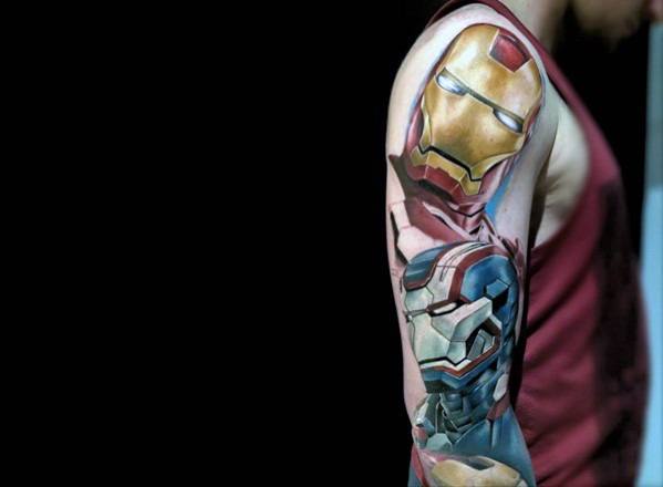 Iron Man tattoo featuring two detailed depictions of his helmet, with a dynamic pose and rich, vibrant colors spanning the upper arm. The design captures both the front and side views of his armor.