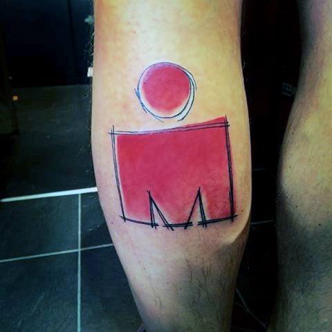 Sketch-style Ironman logo tattoo with rough black outlines and solid red fill, giving it a raw, hand-drawn aesthetic on the calf.