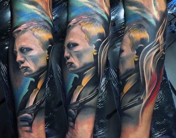 Male James Bond Colorful Forearm Sleeve Tattoo Ideas