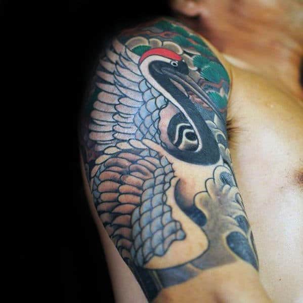 Male Japanese Crane Quarter Sleeve Tattoos