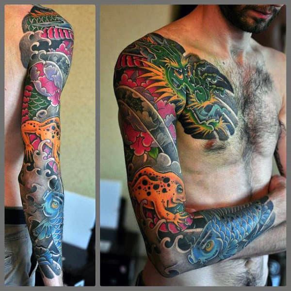 Male Japanese Frog Full Sleeve Tattoo Design Ideas