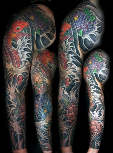 Japanese-style full sleeve tattoo featuring a koi fish, turtle, flowing waves, and floral elements, symbolizing perseverance and longevity.